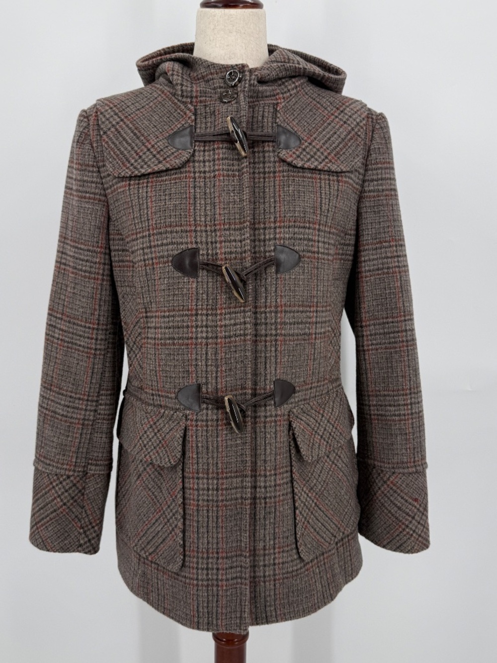 Wool Cashmere Blend Hooded Plaid Duffle Coat Brown Preppy Plaid Heritage Women M - Picture 9 of 9